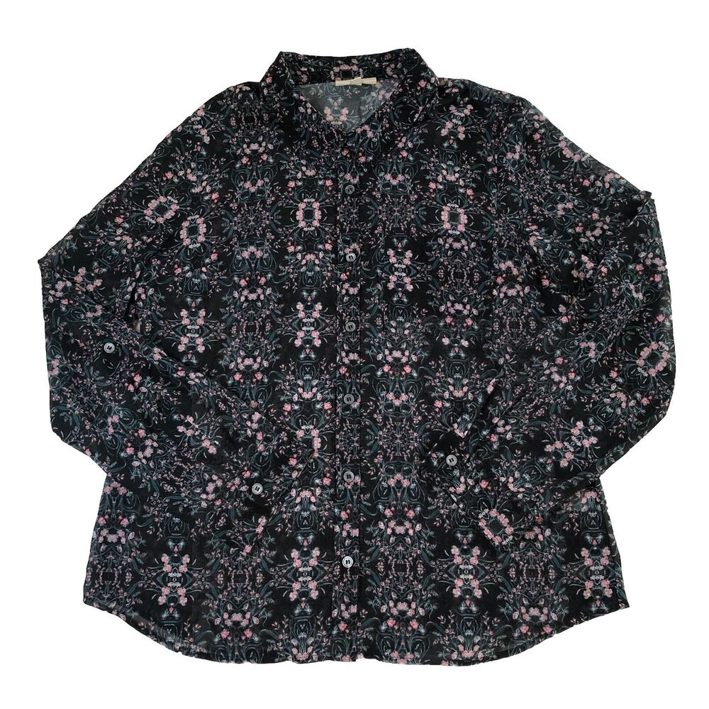 ModCloth Floral Button Front Blouse Sheer Boho Top Roll Tab Sleeve Black Pink L